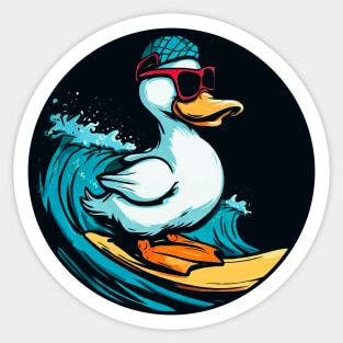 a cool white duck surfing while wearing red sunglasses Sticker